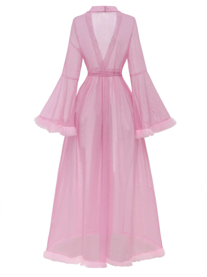 Sheer Flared Sleeve Belted Long Robe - vintage fashion, retro style, elegant red