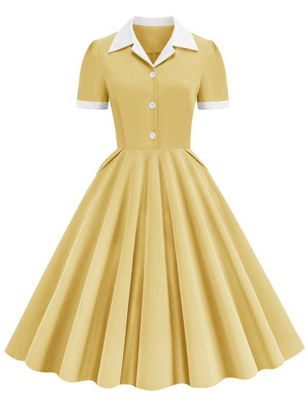 She slips into this 1950s Shirt Collar Buttons Swing Dress and suddenly it&