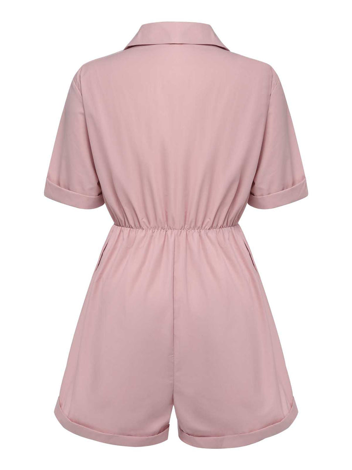 1950s Shirt Neck Lace-Up Solid Romper — 1950s elegance she can wear anywhere