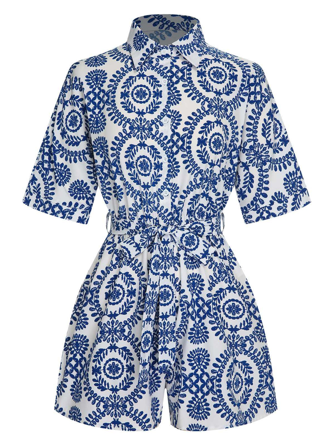 This 1950s Shirt Neck Print Belted Romper brings 1950s soul to her everyday