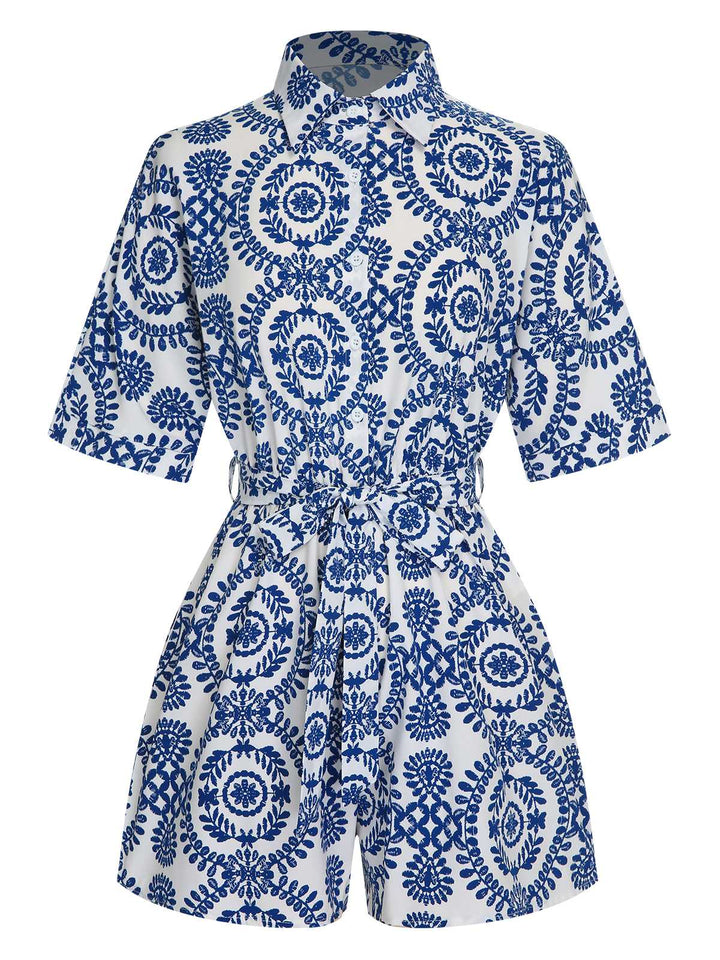 This 1950s Shirt Neck Print Belted Romper brings 1950s soul to her everyday
