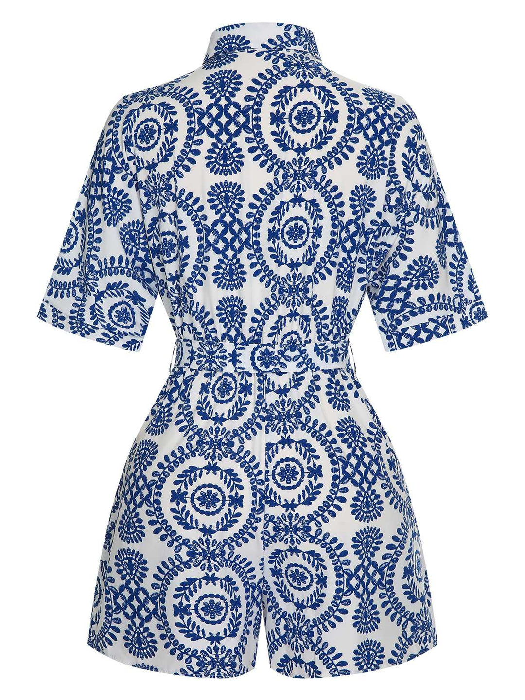1950s Shirt Neck Print Belted Romper — 1950s jazz-age spirit for her morning coffee
