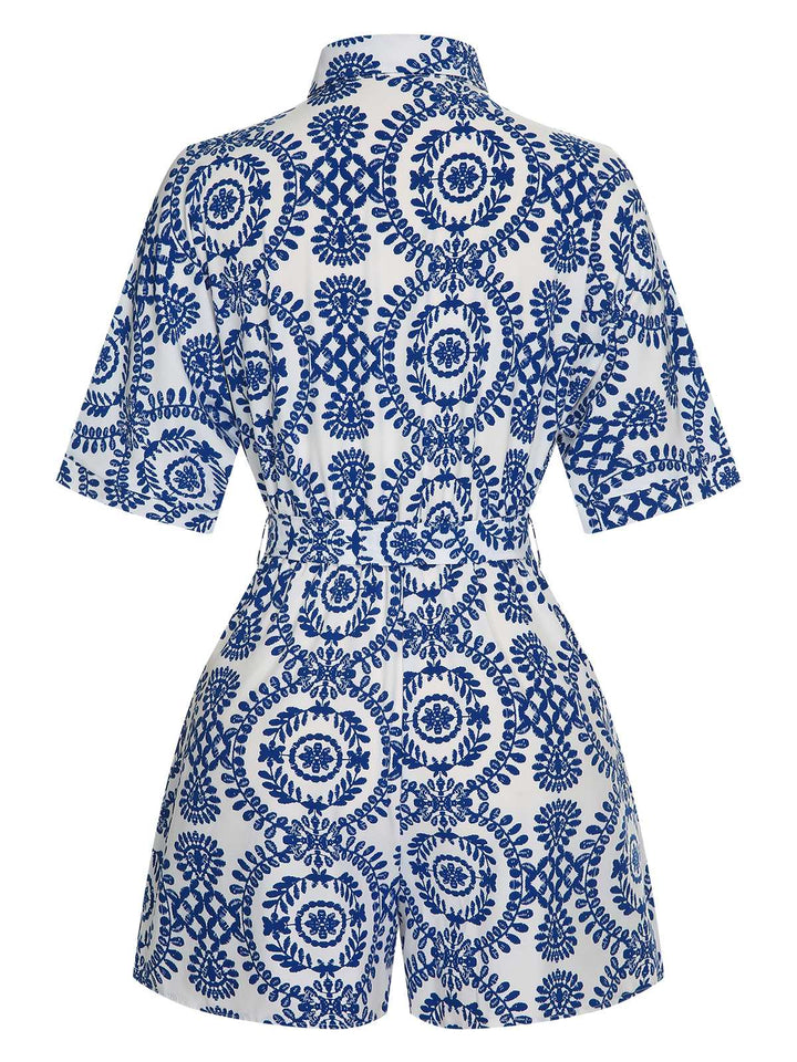 1950s Shirt Neck Print Belted Romper — 1950s jazz-age spirit for her morning coffee