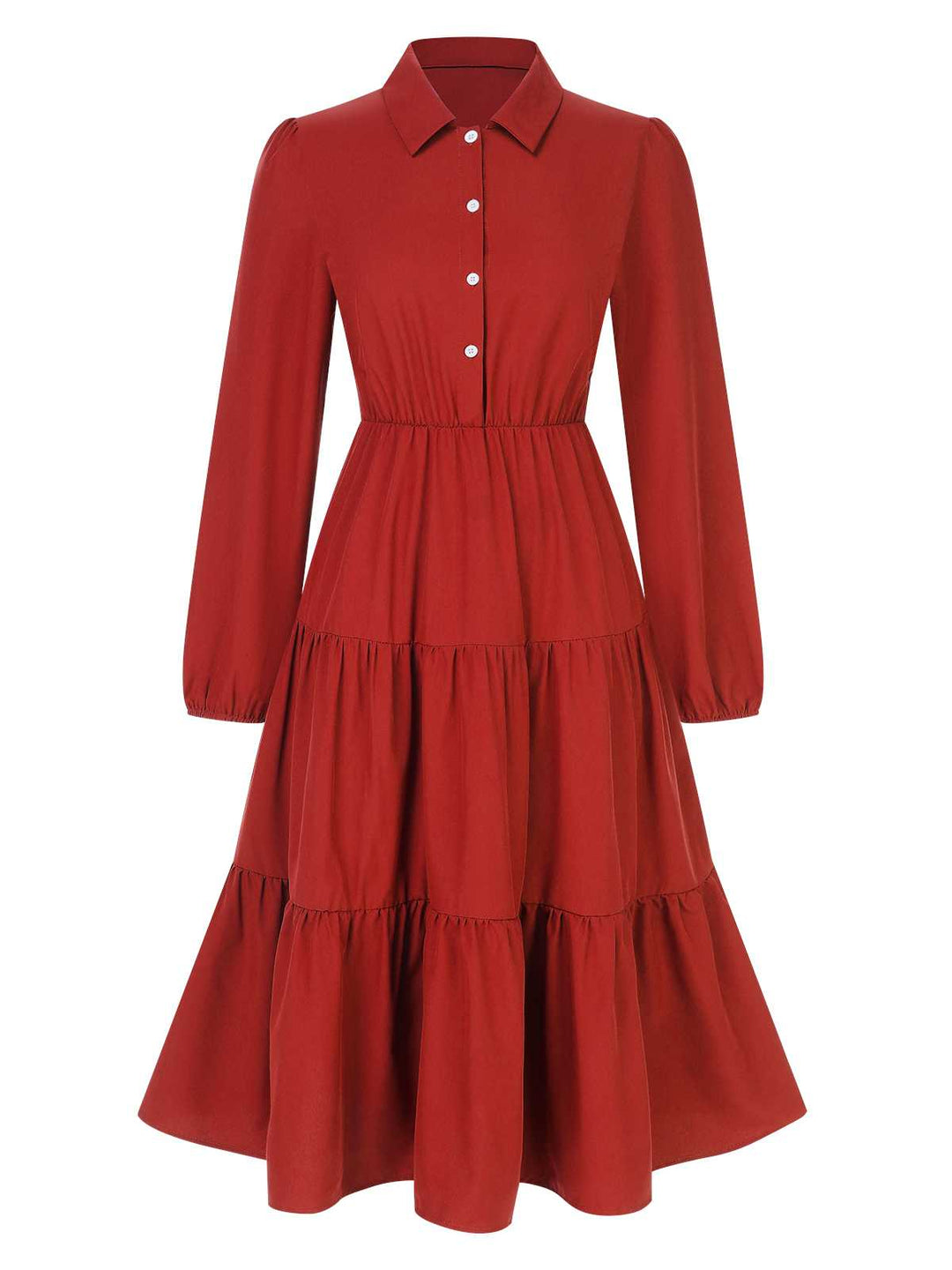 She slips into this 1950s Shirt Neck Tiered Solid Midi Dress and suddenly it&