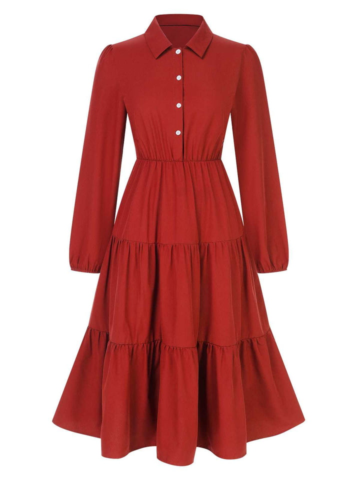 She slips into this 1950s Shirt Neck Tiered Solid Midi Dress and suddenly it&