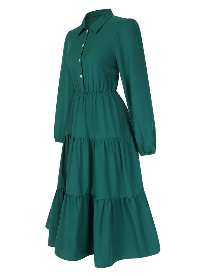 She slips into this 1950s Shirt Neck Tiered Solid Midi Dress and suddenly it&