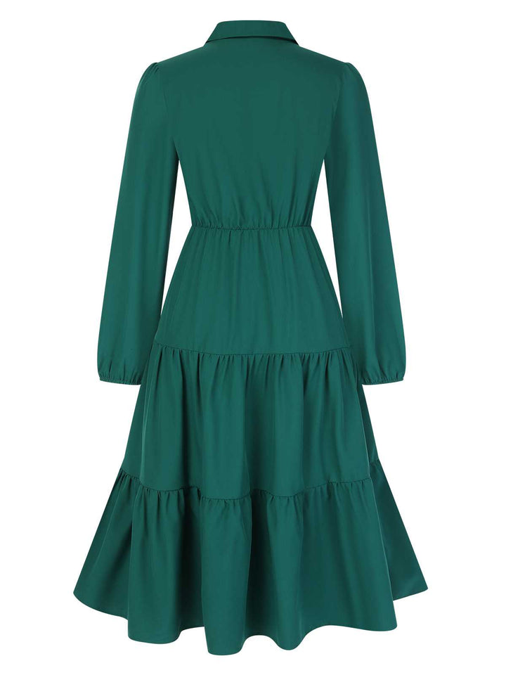 1950s Shirt Neck Tiered Solid Midi Dress: where 1950s romance meets her modern spirit