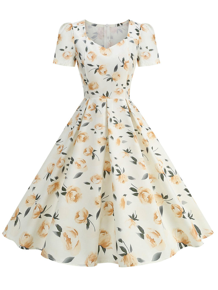 1950s Short Sleeve Sweetheart Neck Rose Swing Dress, vintage dress, retro fashion, rockabilly, pin-up fashion - perfect for women who love vintage and retro fashion
