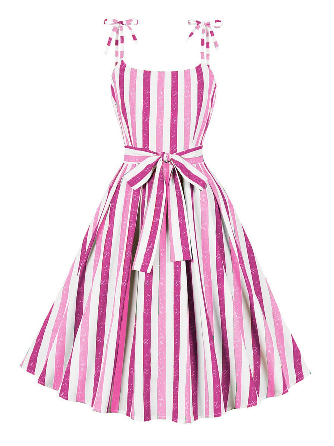 She slips into this 1950s Shoulder Tie Belted Stripes Dress and suddenly it&