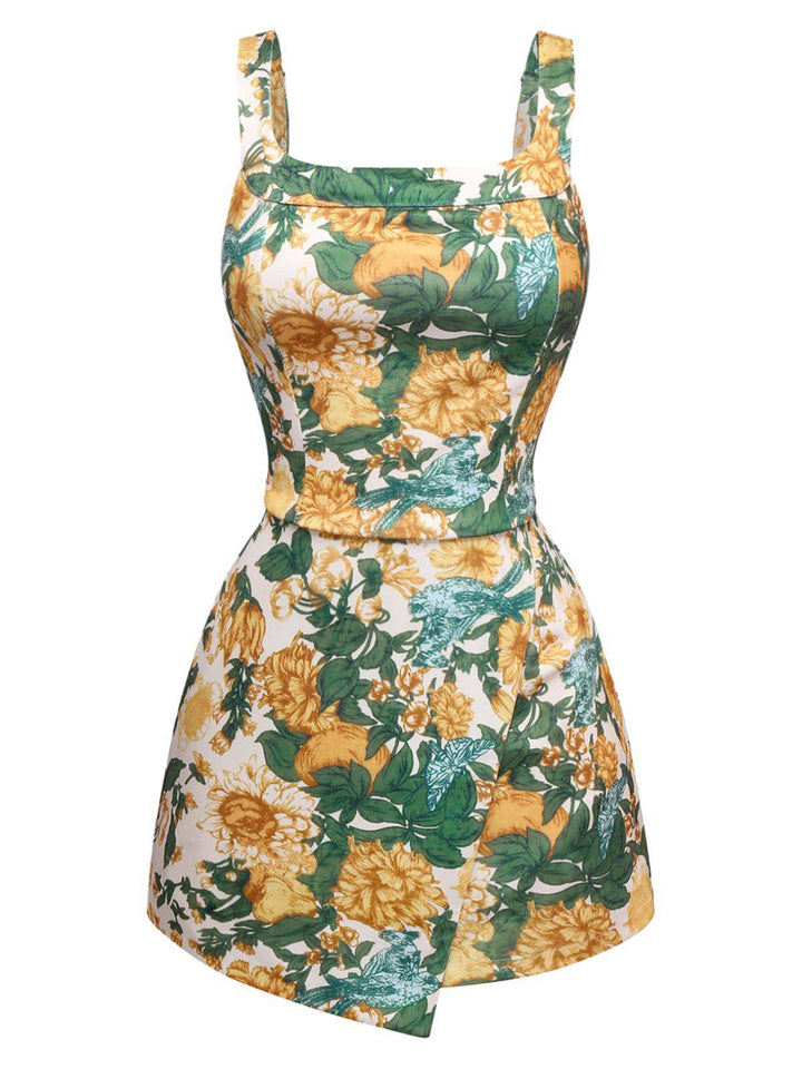 2PCS Yellow 1950s Floral Wide Strap Top &amp; Mini Skirt - vintage skirt, retro style