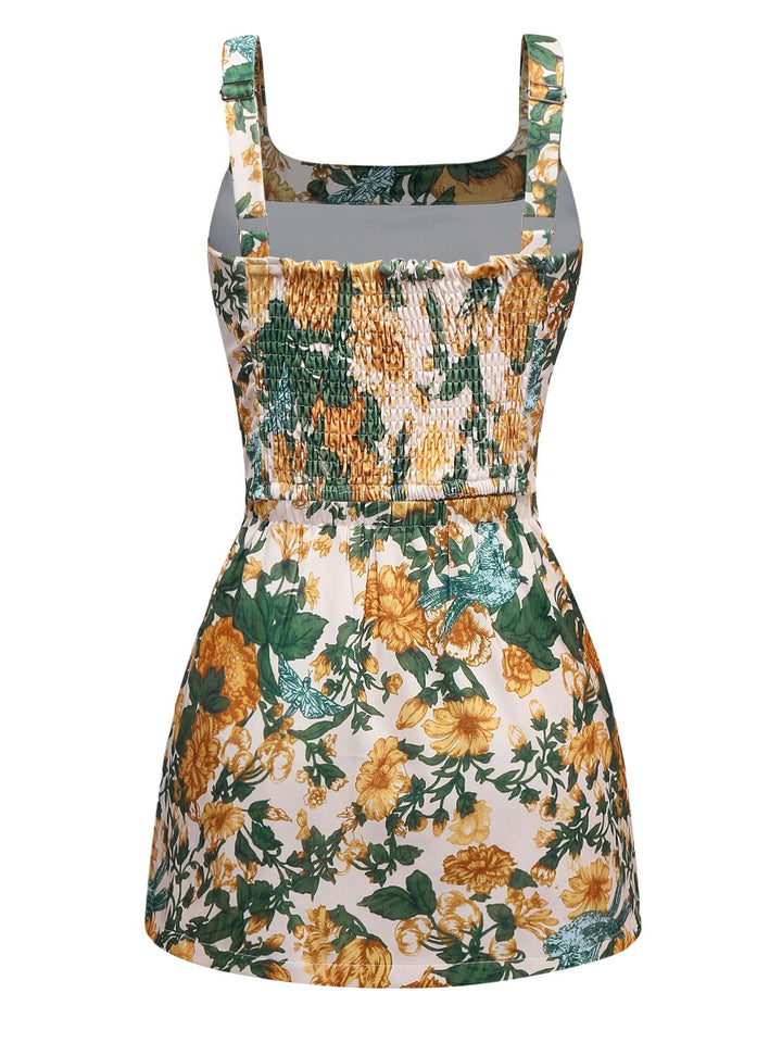 2PCS Yellow 1950s Floral Wide Strap Top &amp; Mini Skirt - vintage skirt, retro style