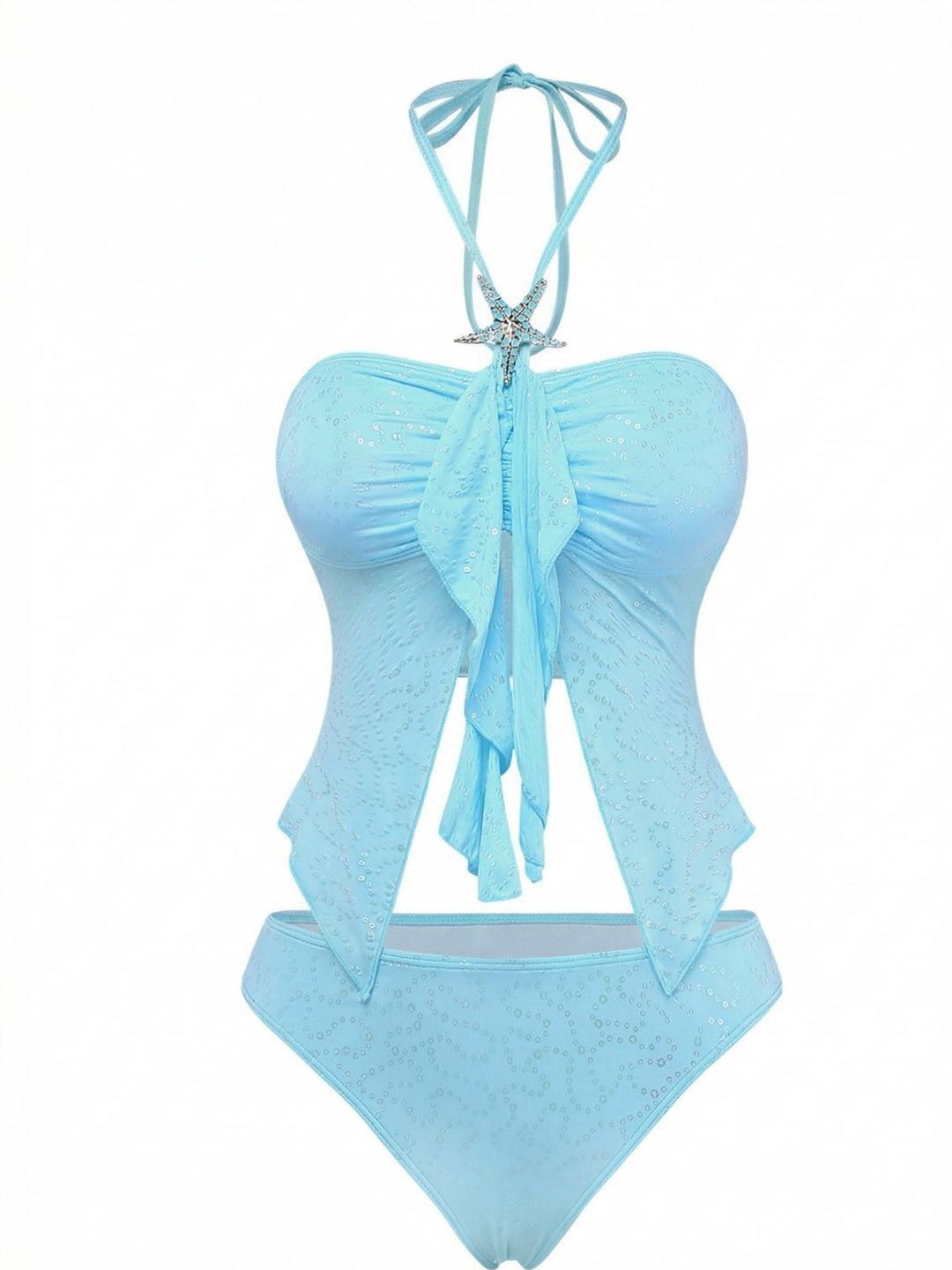Sky Blue 1950s Halter Ruffle Bow Glitter Tankini Set - vintage fashion, retro style