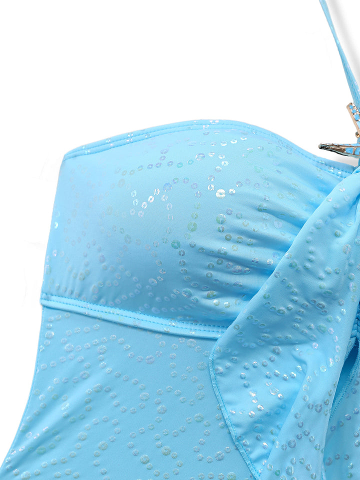 Sky Blue 1950s Halter Ruffle Bow Glitter Tankini Set - vintage fashion, retro style