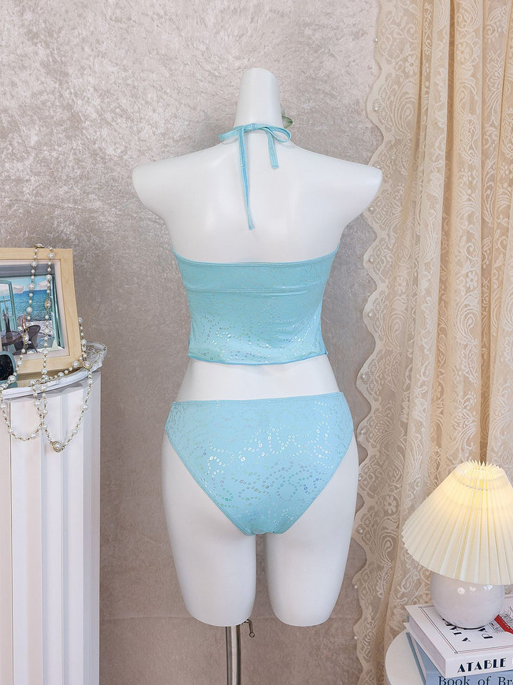 Sky Blue 1950s Halter Ruffle Bow Glitter Tankini Set - vintage fashion, retro style