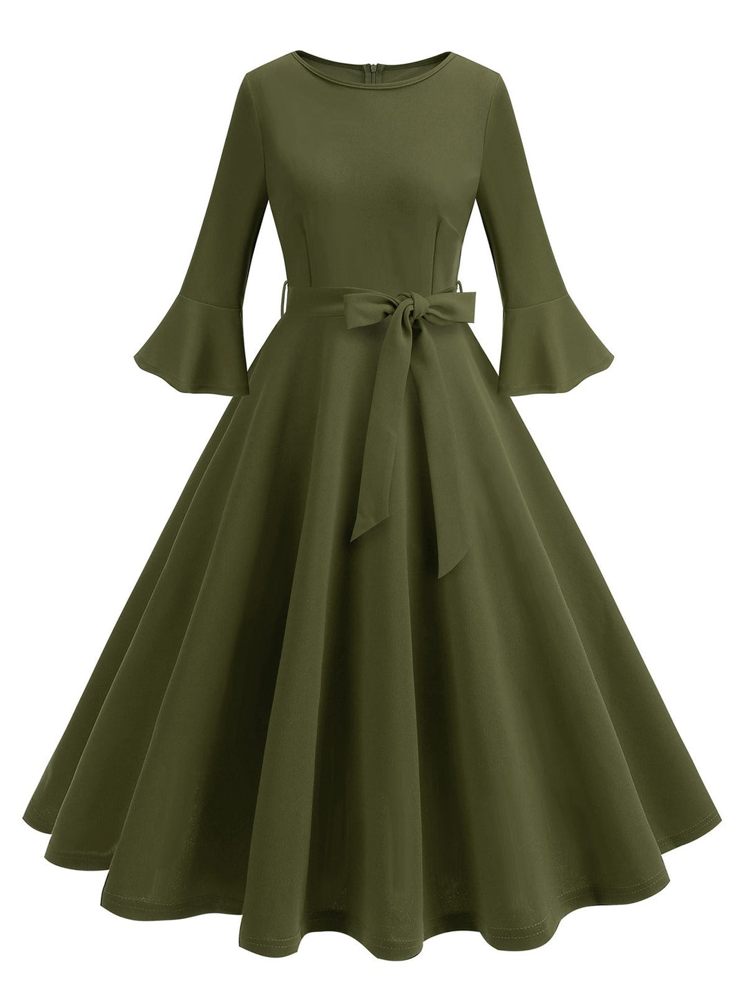 She slips into this 1950s Solid Bell Sleeves Swing Dress and suddenly it&