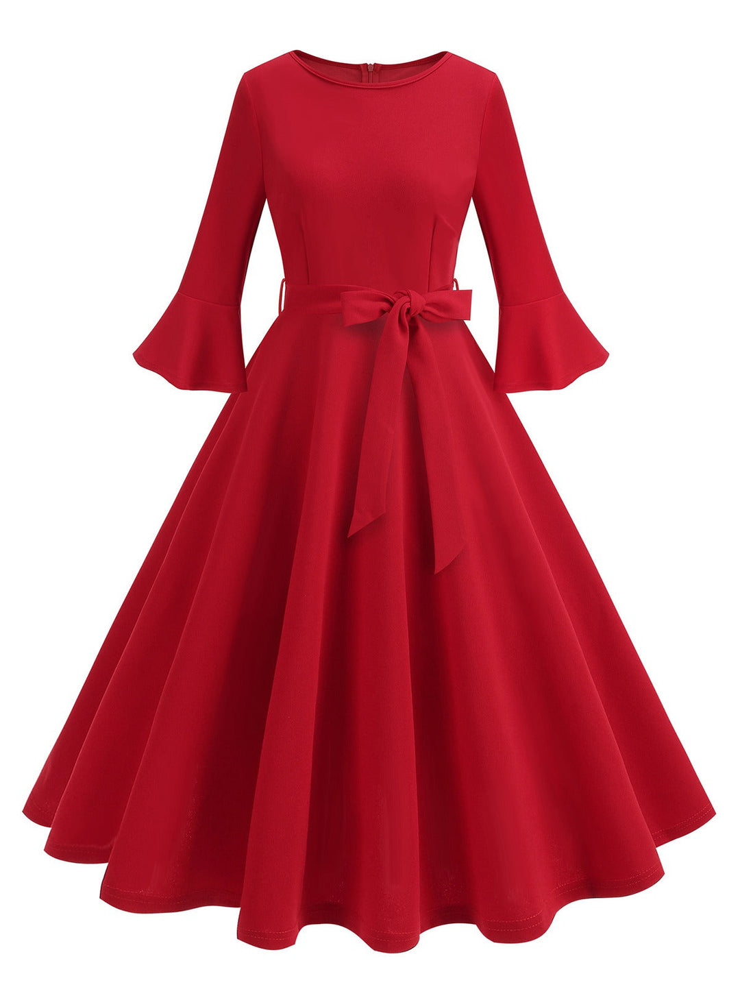 She slips into this 1950s Solid Bell Sleeves Swing Dress and suddenly it&