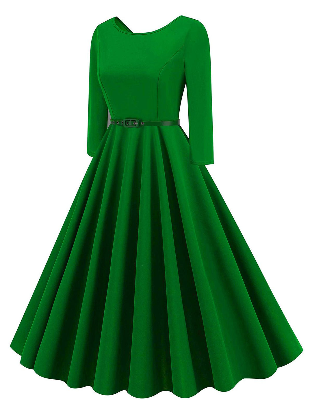 She slips into this 1950s Solid Belted Swing Dress and suddenly it&