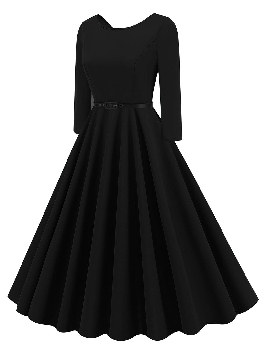 She slips into this 1950s Solid Belted Swing Dress and suddenly it&