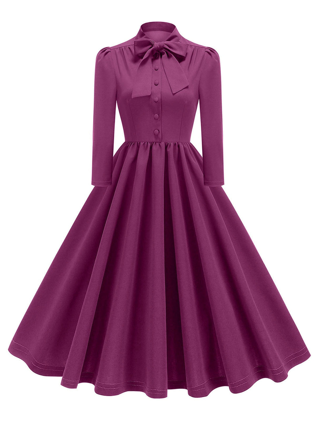 She slips into this 1950s Solid Bow Collar Buttoned Swing Dress and suddenly it&