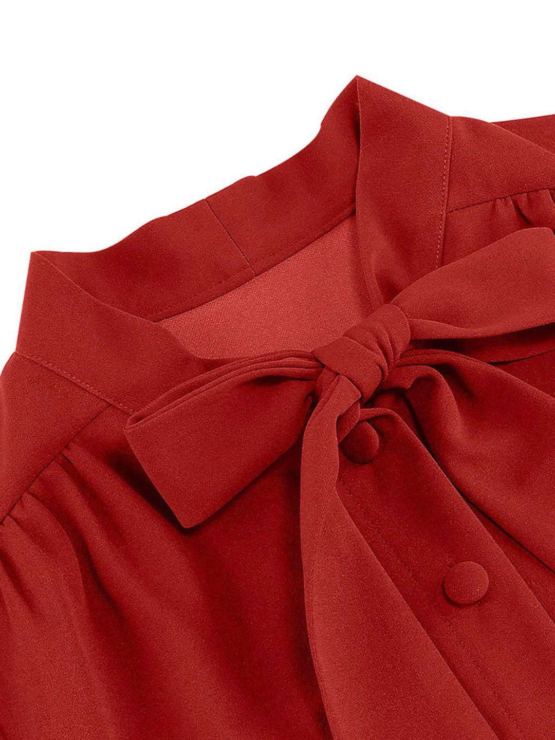 She slips into this 1950s Solid Bow Collar Buttoned Swing Dress and suddenly it&