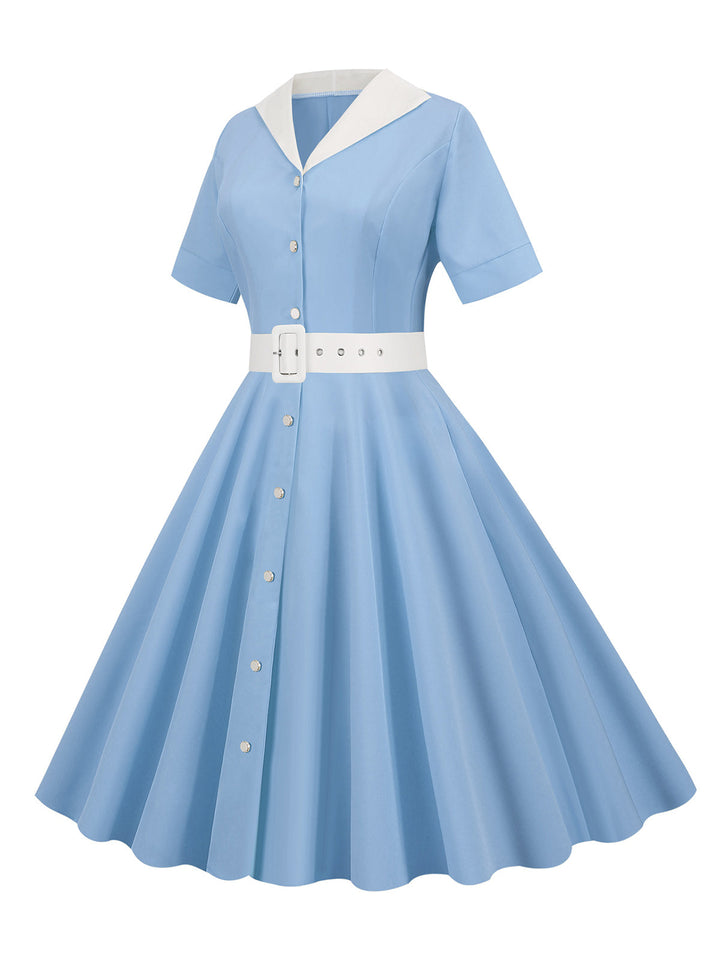 1950s Solid Contrast Lapel Belt Dress, vintage dress, retro fashion, rockabilly, pin-up fashion - perfect for women who love vintage and retro fashion