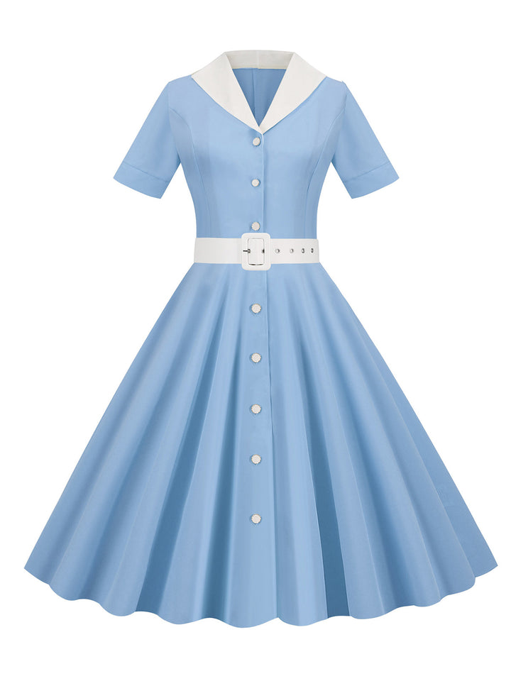 1950s Solid Contrast Lapel Belt Dress, vintage dress, retro fashion, rockabilly, pin-up fashion - perfect for women who love vintage and retro fashion