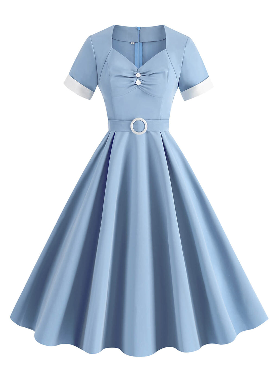 She slips into this 1950s Solid Contrast V-Neck Swing Dress and suddenly it&