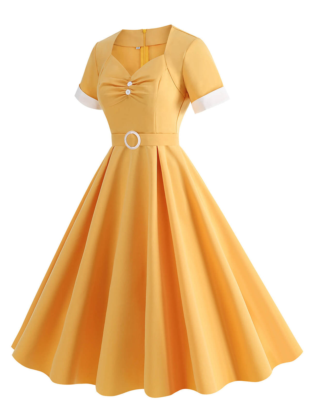 She slips into this 1950s Solid Contrast V-Neck Swing Dress and suddenly it&
