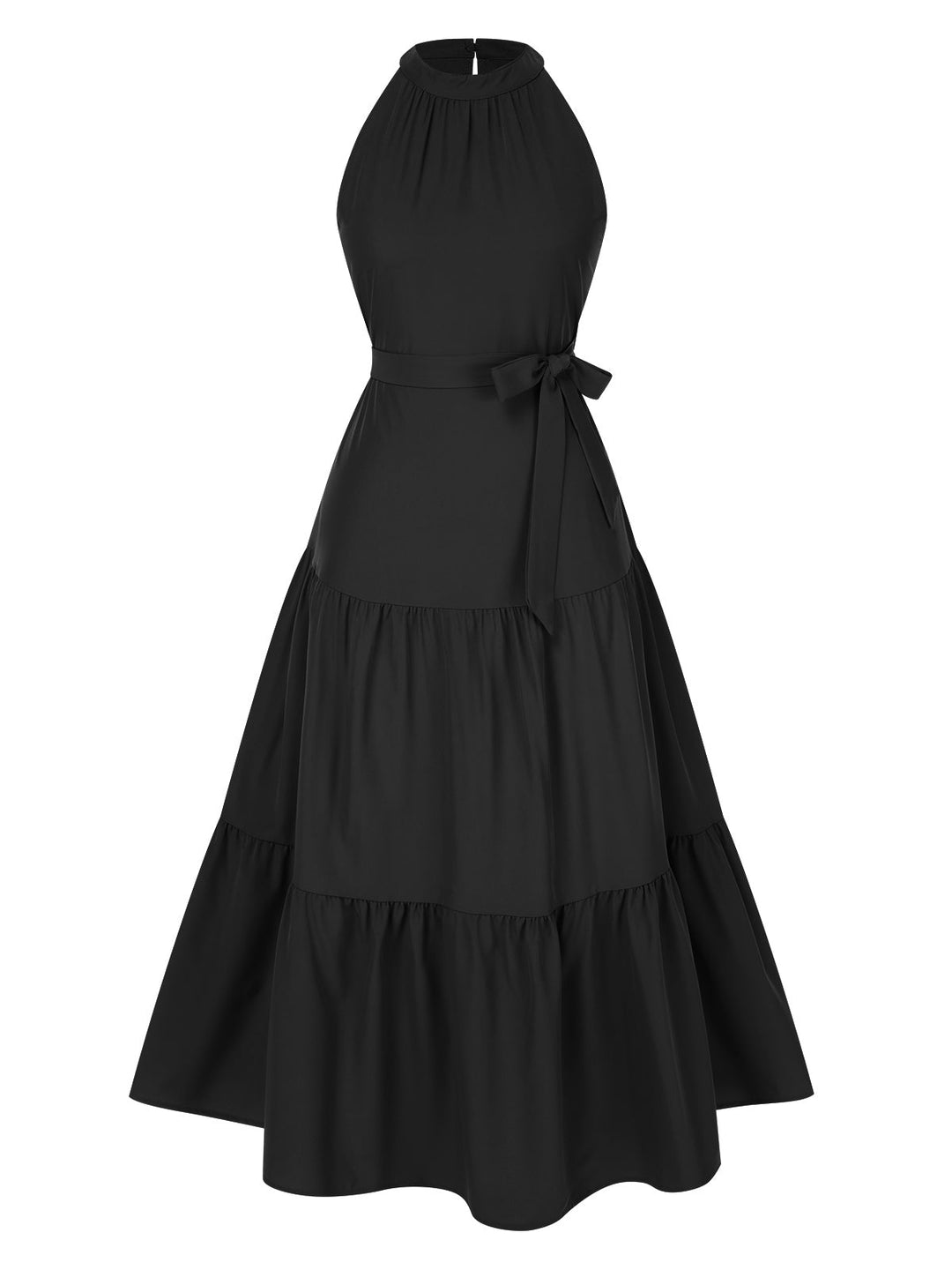 She slips into this 1950s Solid Crew Halter Tiered Dress and suddenly it&