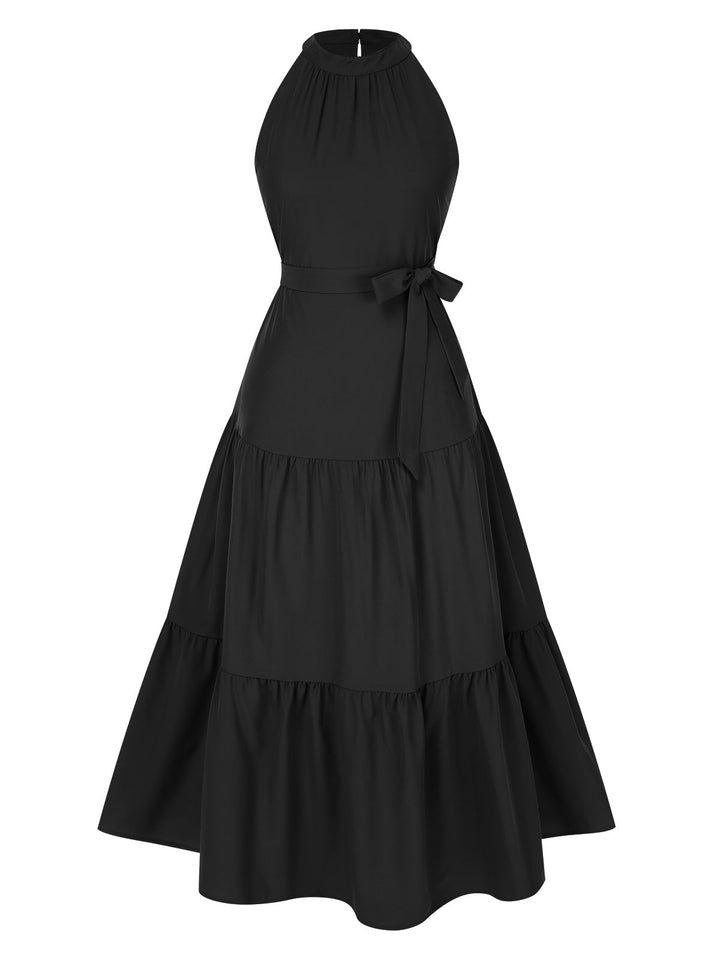 She slips into this 1950s Solid Crew Halter Tiered Dress and suddenly it&