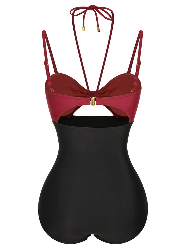 1950s Solid Cutout Halter Strap Swimsuit, vintage swimsuit, pin-up swimwear - perfect for women who love vintage and retro fashion