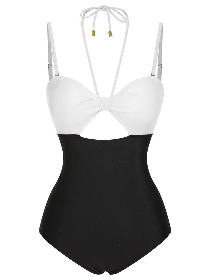 1950s Solid Cutout Halter Strap Swimsuit, vintage swimsuit, pin-up swimwear - perfect for women who love vintage and retro fashion