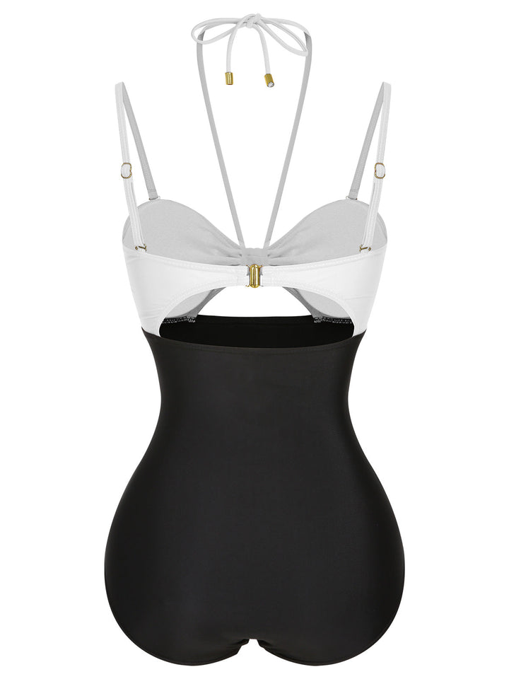 1950s Solid Cutout Halter Strap Swimsuit, vintage swimsuit, pin-up swimwear - perfect for women who love vintage and retro fashion