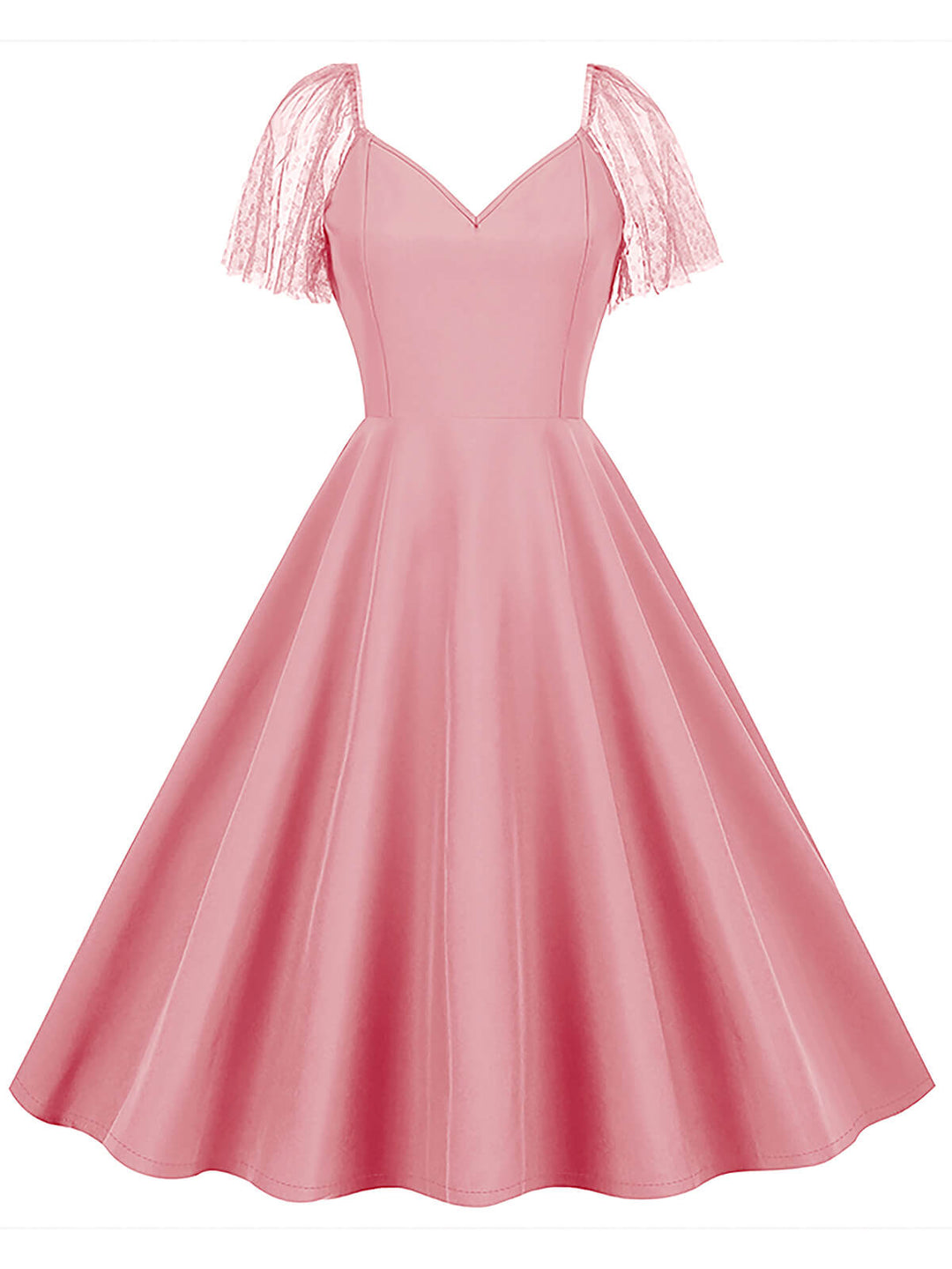 She slips into this 1950s Solid Dots Mesh Sleeve V-Neck Dress and suddenly it&