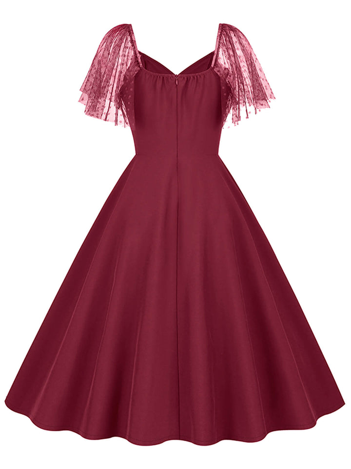 1950s Solid Dots Mesh Sleeve V-Neck Dress: where 1950s romance meets her modern spirit