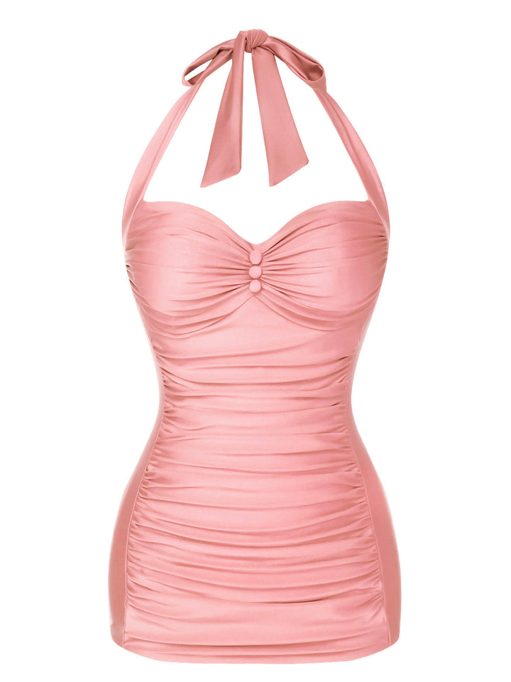 Red Solid Gathered Halter Swimsuit, vintage swimsuit, swimwear - perfect for women who love vintage and retro fashion