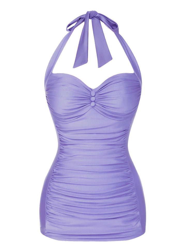 Solid Gathered Halter Swimsuit - vintage swi