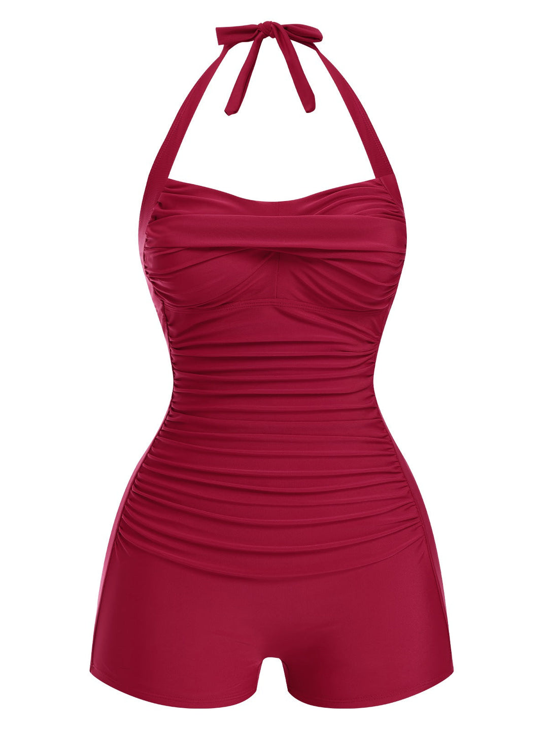This 1950s Solid Halter Boxer One-Piece Swimsuit carries 1950s vacation dreams in every stitch