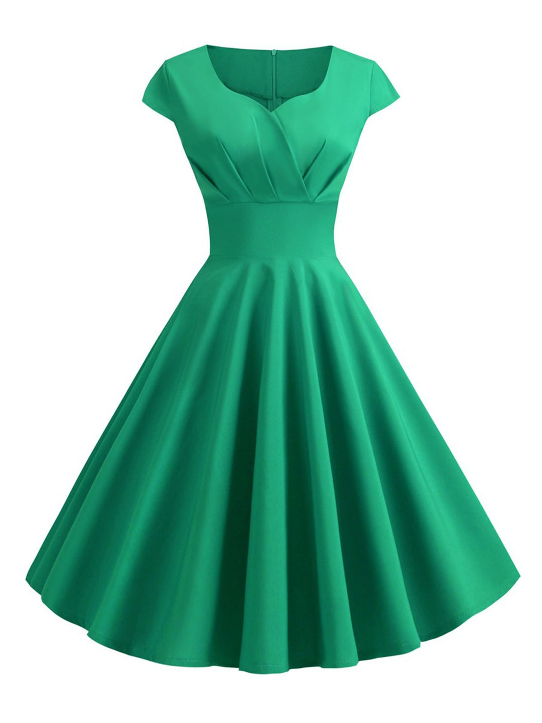 She slips into this 1950s Solid Heart Neck Short Sleeve Dress and suddenly it&