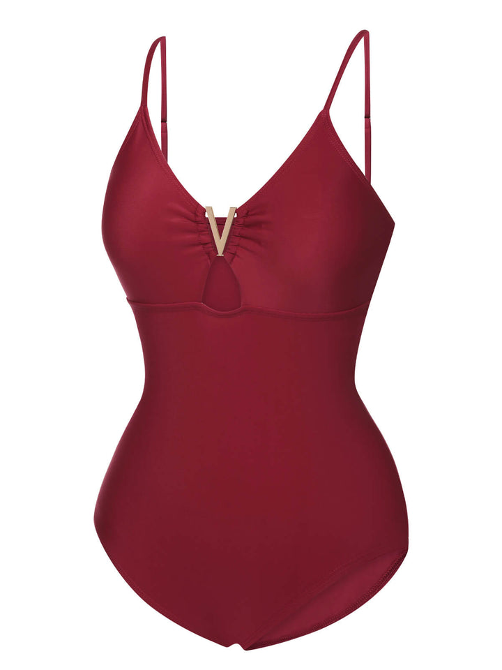 1950s Solid Hollow V-Neck One-Piece Swimsuit, vintage swimsuit, pin-up swimwear - perfect for women who love vintage and retro fashion
