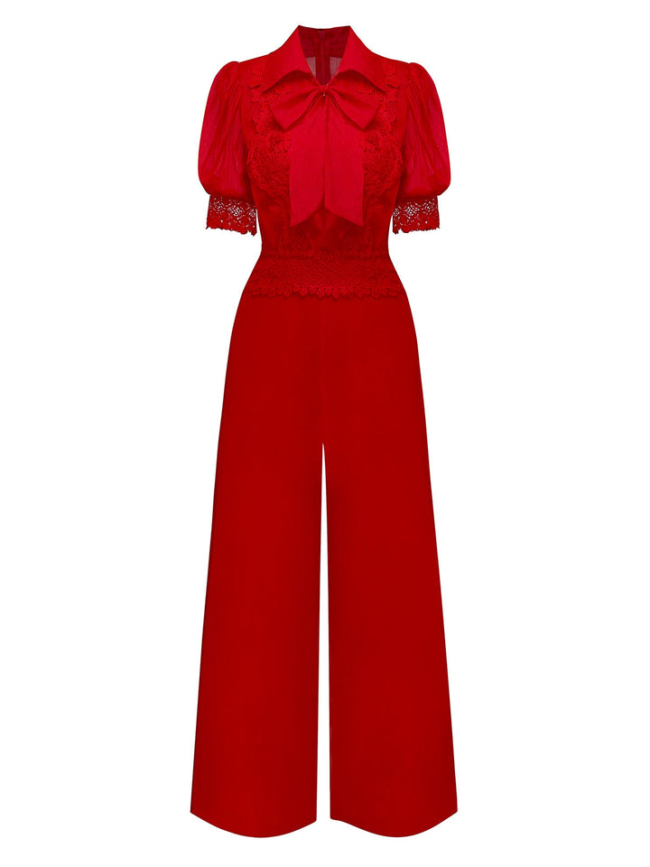 1950s Solid Lapel Floral Lace Tie Neck Jumpsuit - vintage jumpsuit, retro fashion