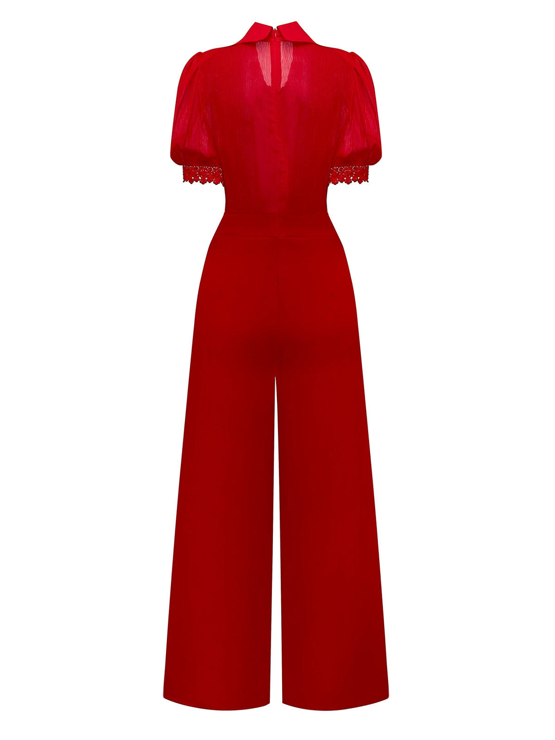 1950s Solid Lapel Floral Lace Tie Neck Jumpsuit - vintage jumpsuit, retro fashion
