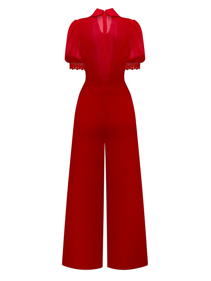 1950s Solid Lapel Floral Lace Tie Neck Jumpsuit - vintage jumpsuit, retro fashion