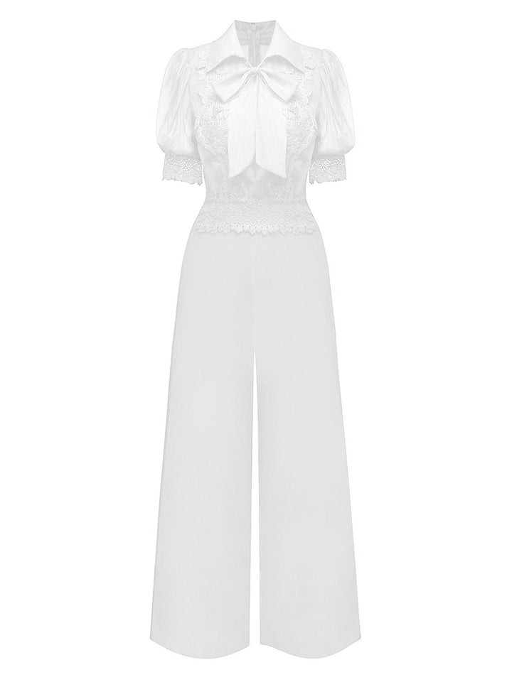 1950s Solid Lapel Floral Lace Tie Neck Jumpsuit - vintage jumpsuit, retro fashion