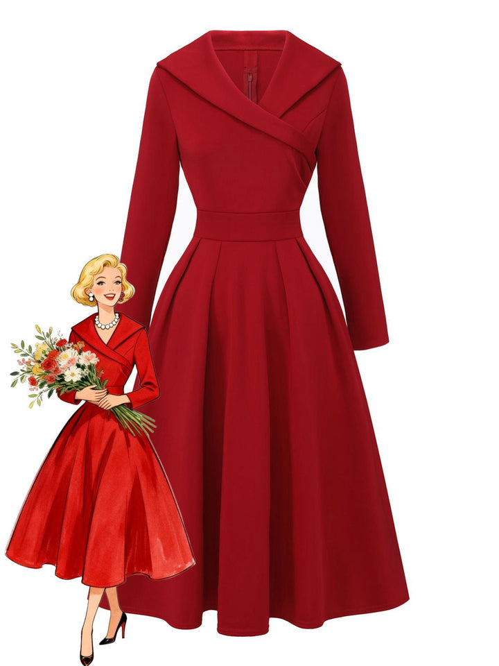 1950s Solid Lapel High Waist Swing Dress - vintage dress, retro fashion, rockabilly