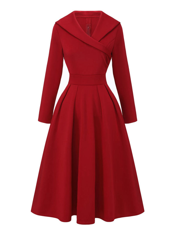 1950s Solid Lapel High Waist Swing Dress - vintage dress, retro fashion, rockabilly