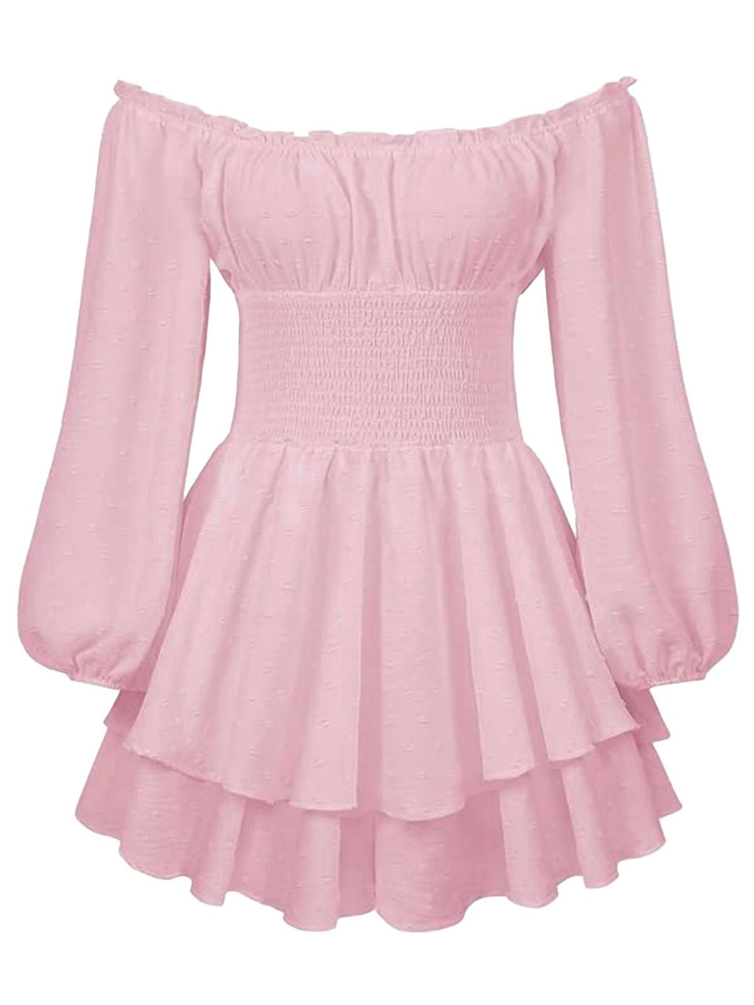 1950s Solid Off-Shoulder Long-Sleeve Smocked Mini Dress - vintage dress, retro fashion, elegant style for vintage lovers
