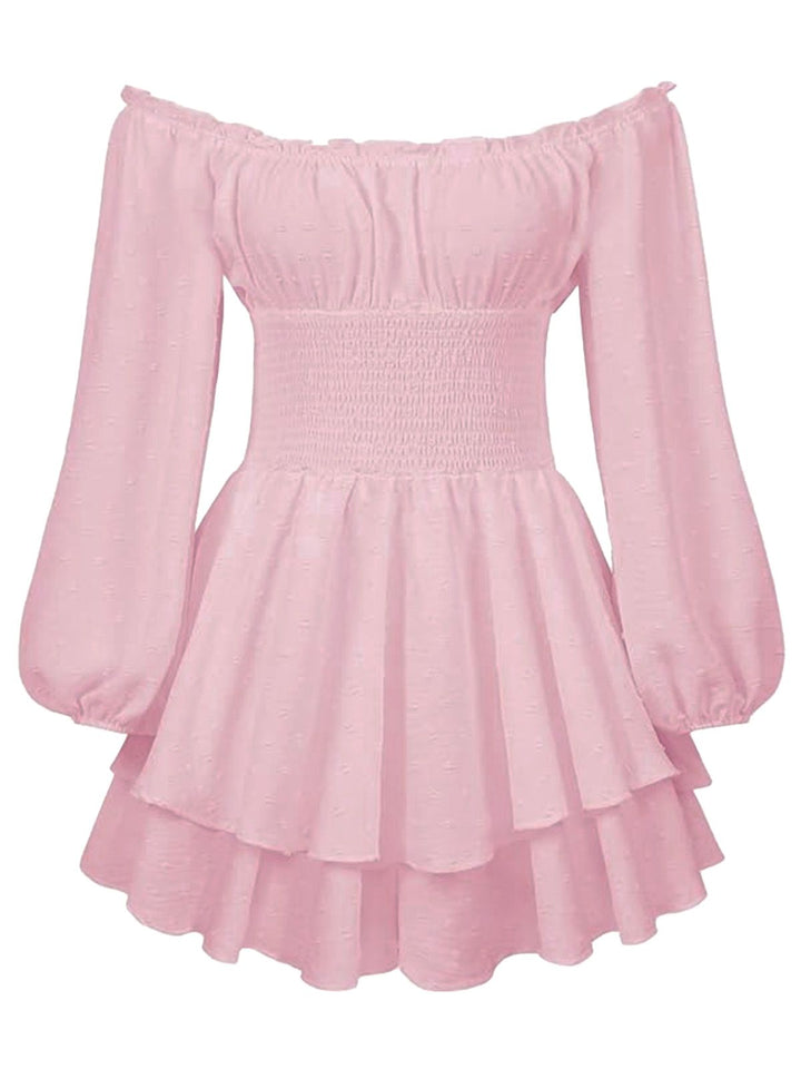 1950s Solid Off-Shoulder Long-Sleeve Smocked Mini Dress - vintage dress, retro fashion, elegant style for vintage lovers