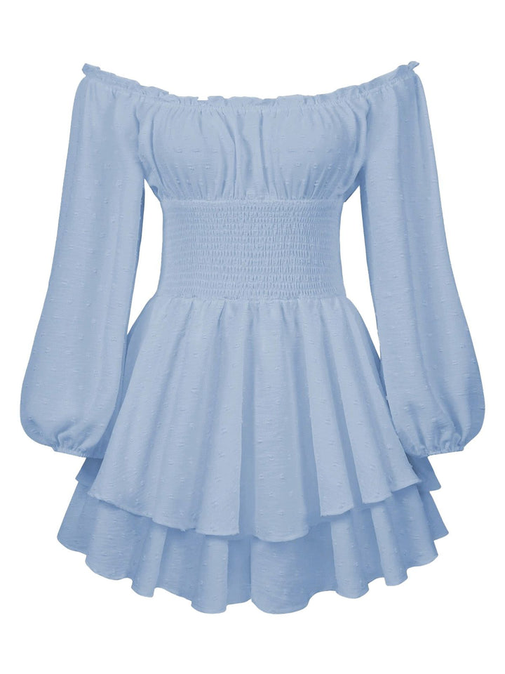 1950s Solid Off-Shoulder Long-Sleeve Smocked Mini Dress | vintage dress, retro fashion, elegant style - perfect for retro fashion enthusiasts