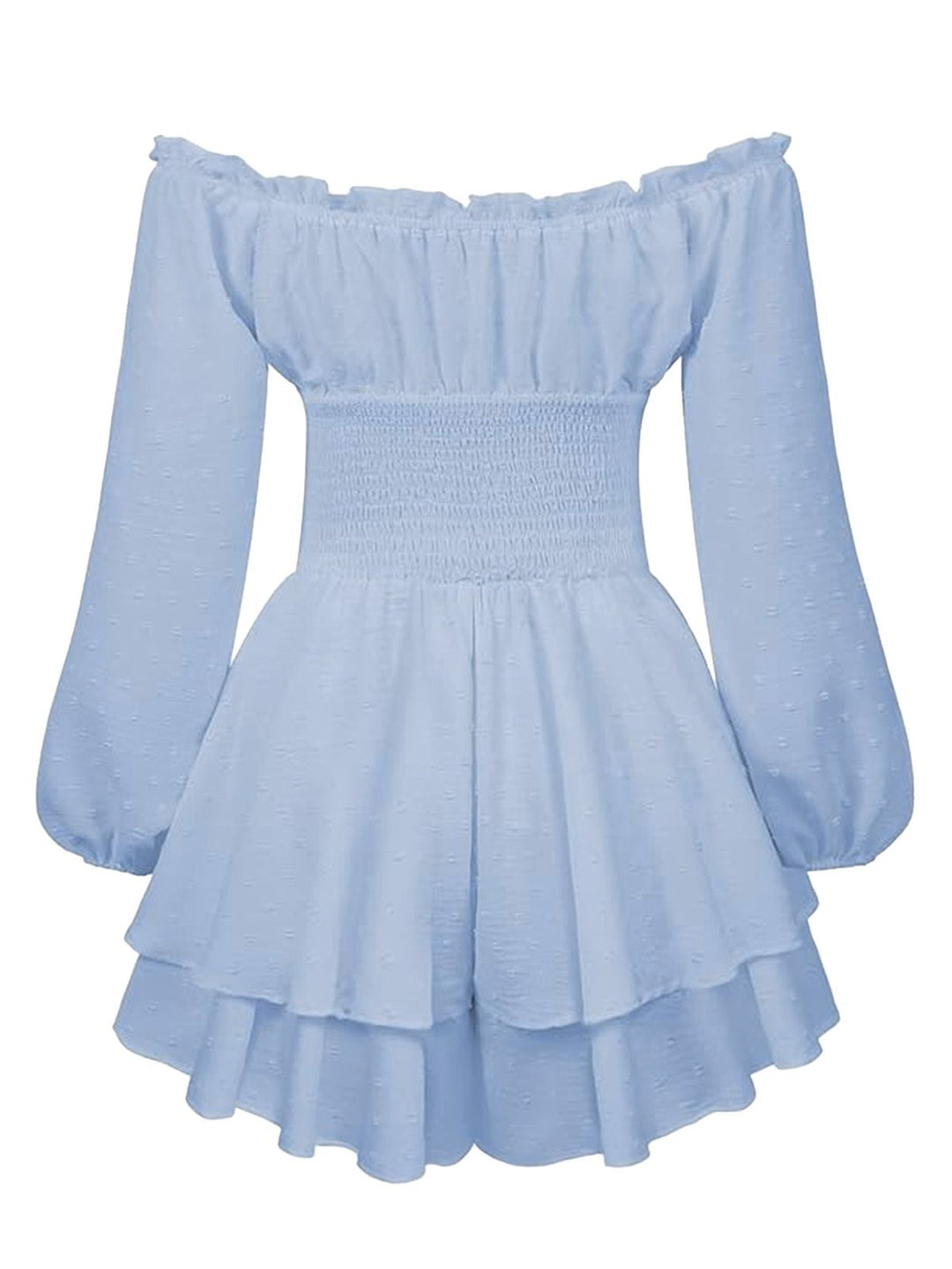 1950s Solid Off-Shoulder Long-Sleeve Smocked Mini Dress - vintage dress, retro fashion, elegant style for vintage lovers